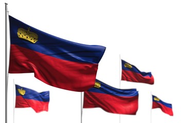 beautiful five flags of Liechtenstein are waving isolated on white - image with bokeh - any holiday flag 3d illustration..