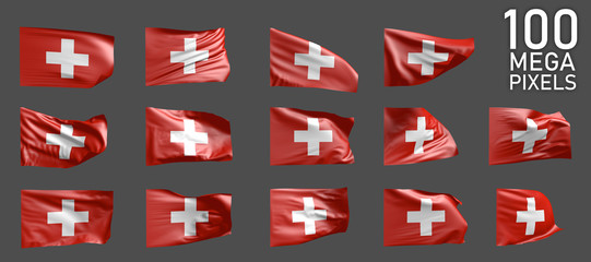 Switzerland flag isolated - various realistic renders of the waving flag on grey background - object 3D illustration