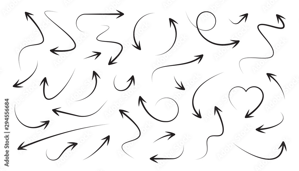 Poster arrows icons set. curly, straight and twisted shapes. different arrows collection. design direction 