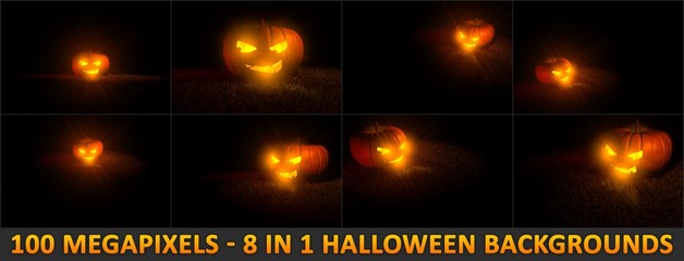 Naklejka premium 8 highly detailed backgrounds for Halloween with carved pumpkin - smiling face with fire light inside, 100 megapixels 3D illustration of object
