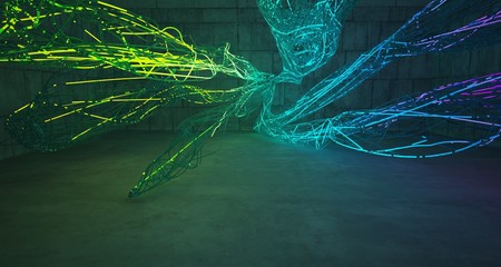 Abstract architectural concrete smooth interior of a minimalist house with color gradient neon lighting and glass wire. 3D illustration and rendering.