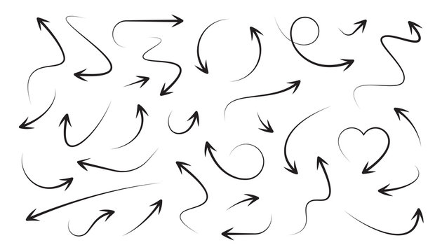 Arrows icons set. Curly, straight and twisted shapes. Different arrows collection. Design direction elements. Navigation arrowheads. Hand drawn sketch icons. Isolated on white background. Vector