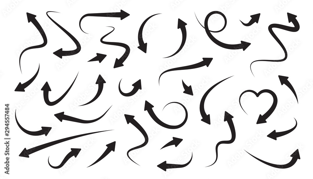 Poster arrows icons set. curly, straight and twisted shapes. different arrows collection. design direction 