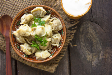 Preparing dumplings. Traditional Russian cuisine, The traditional Russian  handmade  (dumpling) with meat inside