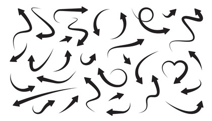 Arrows icons set. Curly, straight and twisted shapes. Different arrows collection. Design direction elements. Navigation arrowheads. Hand drawn icons. Isolated on white background. Vector