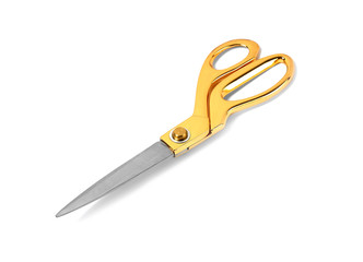 New sharp gold scissors on white background