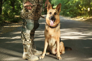 Man in military uniform with German shepherd dog outdoors, closeup view