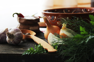 National Ukrainian meal soup and bacon. Borsh ukrainian traditional dish with sour on wooden...