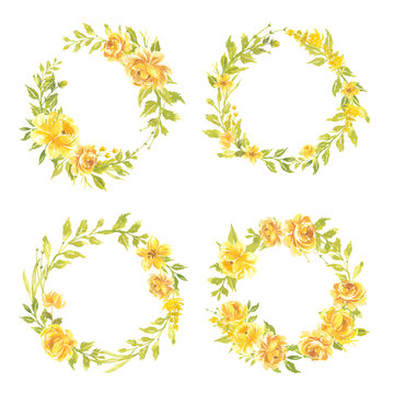 Set of Watercolor flowers Hand painted floral wreath illustration Bouquet of flowers pink yellow
