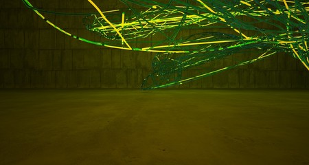 Abstract architectural concrete smooth interior of a minimalist house with color gradient neon lighting and glass wire. 3D illustration and rendering.