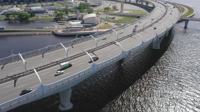 Aerial Drone slow tracking Shot of the Western High-Speed Diameter Bridge, Gulf of Finland in Saint Petersburg, Russia