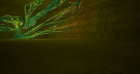 Abstract architectural concrete smooth interior of a minimalist house with color gradient neon lighting and glass wire. 3D illustration and rendering.