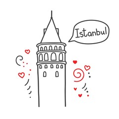 Vector line illustration of a Turkish landmark Galata Tower in Istanbul, Turkey. 