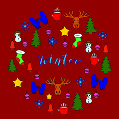Illustration of winter symbols: deer, snowflake, hot drink, mittens, Christmas trees, bell, star and big sock. Winter characters with the word winter with middle.