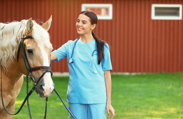 Young veterinarian with palomino horse outdoors on sunny day