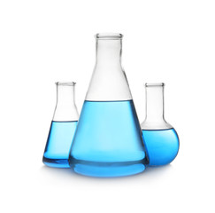 Florence and conical flasks with blue liquid on white background. Laboratory glassware