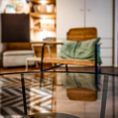 Autumn home interior and glass coffee table of free space for your decoration. 