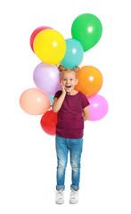 Emotional little girl holding bunch of colorful balloons on white background