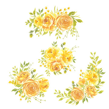Set of Watercolor flowers Hand painted floral illustration Bouquet of flowers yellow rose
