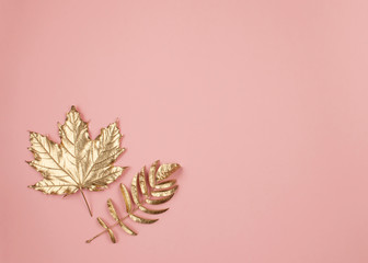 Autumn gold leaves on pink background. Flat lay, top view.