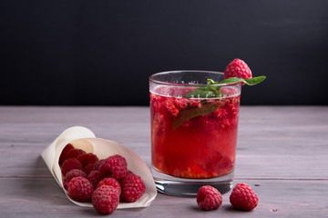 Glass of fresh strawberry smoothie and fresh strawberries . Healthy food and drink concept.