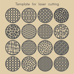 Template for laser cutting.  Set round geometric pattern for cut. Vector illustration. Decorative cards. 
