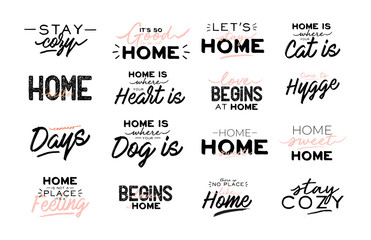 Cute typography quotes with home cozy phrases. Isolated on white background. Motivational hygge lettering. Scandinavian danish style. Vector. Home sweet.