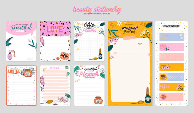 Collection of weekly or daily planner, note paper, to do list, stickers templates decorated by cute beauty cosmetic illustrations and trendy lettering. Trendy scheduler or organizer. Flat vector