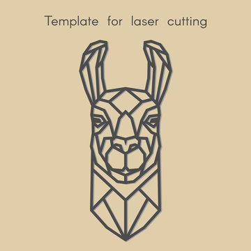 Template animal for laser cutting. Abstract geometric head lama for cut. Stencil for decorative panel of wood, metal, paper. Vector illustration.