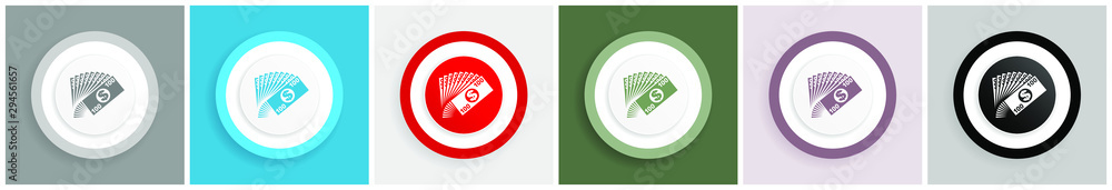 Aufkleber money icon set, colorful flat design vector illustrations in 6 options for web design and mobile app