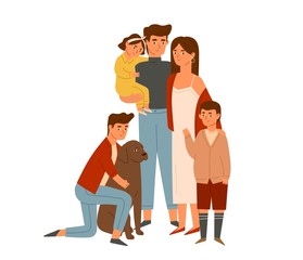 Happy big family portrait flat illustration. Wife and husband with kids. Parents, children and dog together isolated on white. Mother, father, sons and daughter standing cartoon characters.