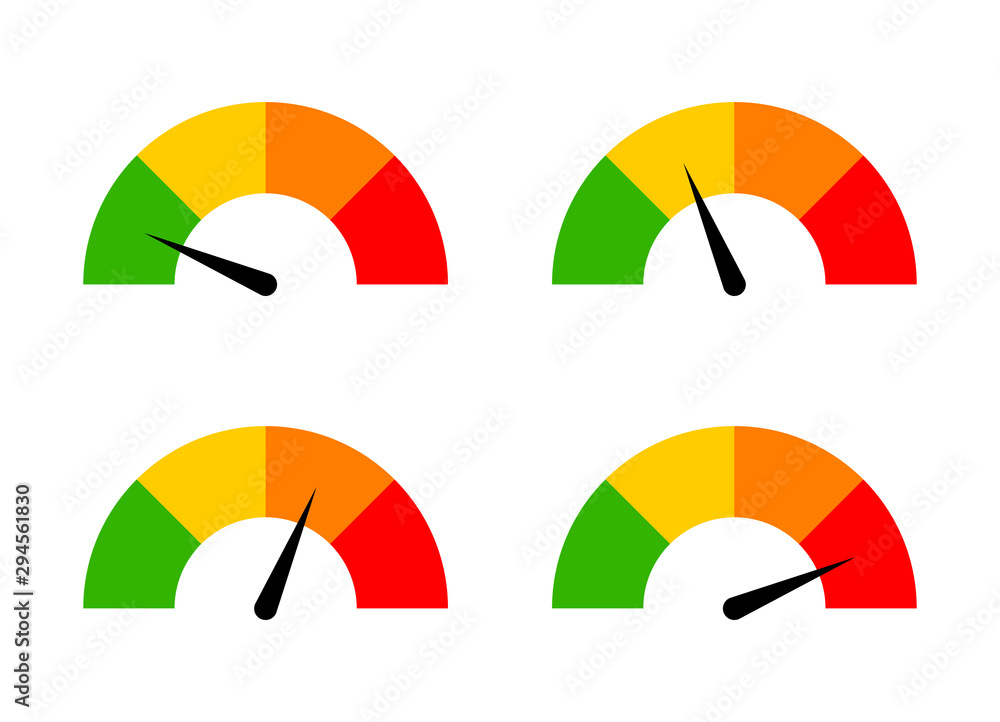 Poster a set of speed performance gauges / measurement gauge from low to high flat vector icons for apps an
