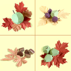 Collage of autumn fruits, vegetables and leaves made of paper