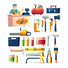 Construction, woodworking, repair tools set. Hand and power tools store assortment, happy seller or repairman at cash point desk cartoon vector illustrations collection isolated on white background
