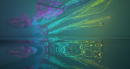 Abstract architectural smooth white interior of a minimalist wires with color gradient neon lighting and water. 3D illustration and rendering.