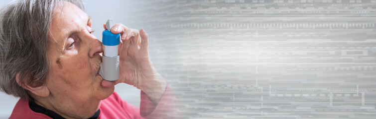Senior woman with asthma inhaler; panoramic banner
