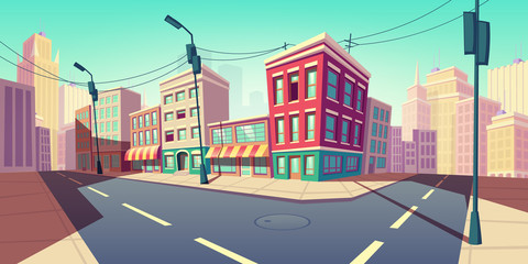 City road turn, empty street with transport highway with marking, sewer manhole, lamps and buildings. Urban architecture, infrastructure megapolis exterior with skyscrapers Cartoon vector illustration © vectorpocket