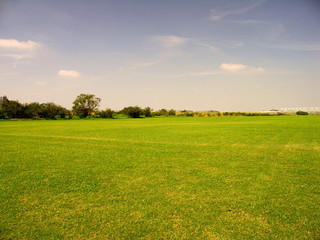 秋のサッカー場のある江戸川河川敷風景