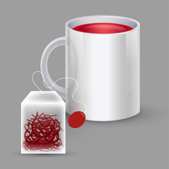 Realistic cup with red hibiskus tea and teabag isolated on gray background. Vector © mariaaverburg