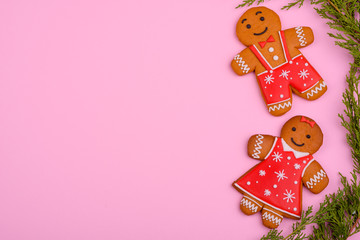 Christmas homemade gingerbread cookies on a bright colored background. New Year discount sale