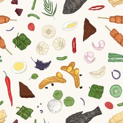 Malaysian cuisine hand drawn vector seamless pattern. Oriental dishes, meals on white background. Culinary realistic decorative texture. Asian restaurant wallpaper, wrapping paper design idea.