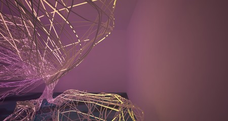 Abstract architectural smooth white interior of a minimalist wires with color gradient neon lighting and water. 3D illustration and rendering.