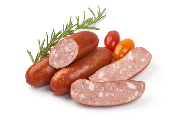 German traditional smoked sausages, isolated on white background