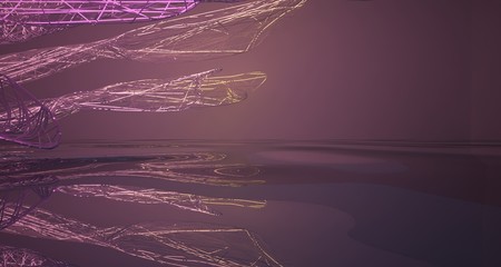 Abstract architectural smooth white interior of a minimalist wires with color gradient neon lighting and water. 3D illustration and rendering.