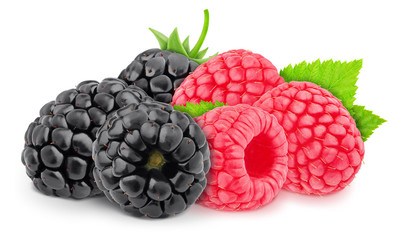 Colourful composition: heap of forest berries - raspberry and blackberry, isolated on a white background with clipping path.