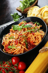 Plate of delicious spaghetti Bolognaise or Bolognese with savory minced beef and tomato sauce...
