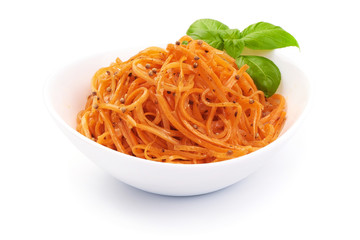 Gratted raw carrots in korean-style, korean carrot in the white bowl, isolated on white background