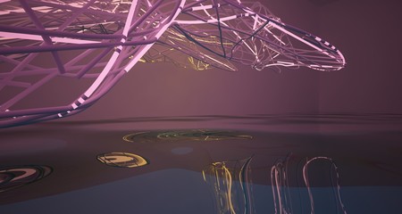 Abstract architectural smooth white interior of a minimalist wires with color gradient neon lighting and water. 3D illustration and rendering.