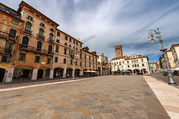 Fototapeta na wymiar Downtown of the Bassano del Grappa, Piazza Liberta (Freedom square), old town in Veneto, Vicenza province, Italy, Europe