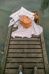 picnic on a foggy morning by the lake. Autumn concept